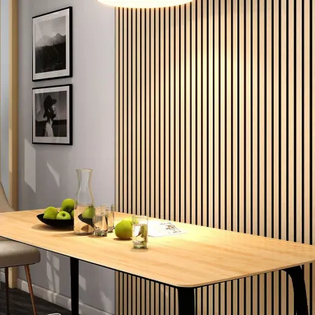 Panneau Acoustique Décoratif Mural "De l'Aube" – Finition Chêne Golden sur Fond Noir - Panneaux Muraux - Over Parquet