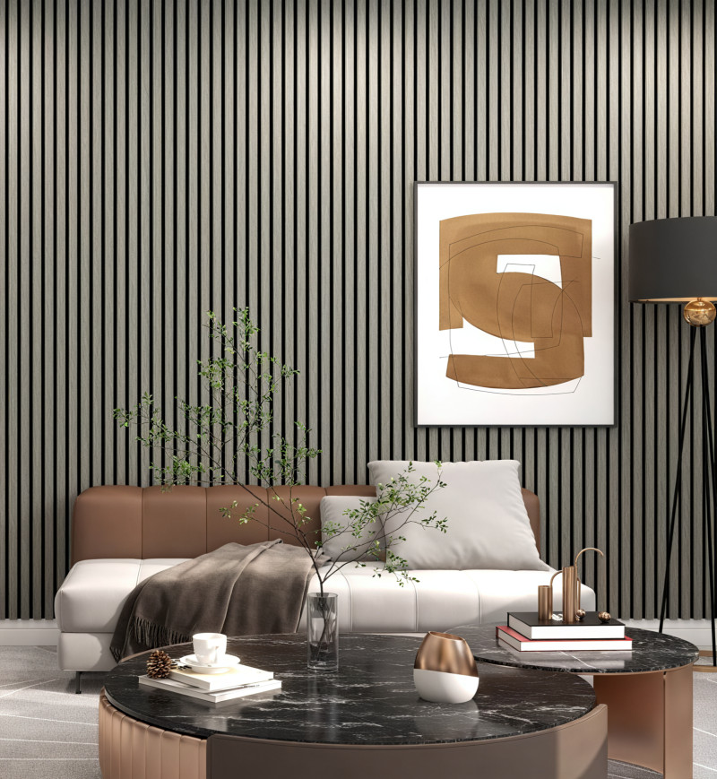 PANNEAU ACOUSTIQUE DECORATIF MURAL DES SONGES EN MDF PET FINITION CHENE NOIR SUR FOND NOIR - DINACHOC - 520X18X2400mm - Panneaux Muraux - Over Parquet