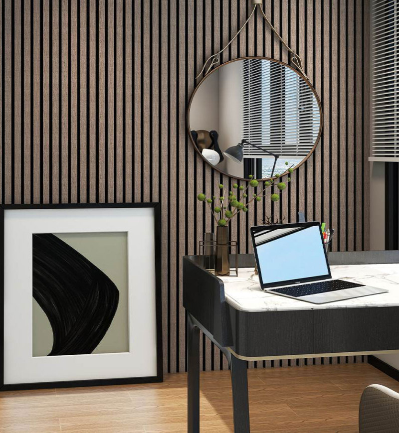 PANNEAU ACOUSTIQUE DECORATIF MURAL CELESTE EN MDF PET FINITION WALNUT SUR FOND NOIR - DINACHOC - 520X18X2400mm - Panneaux Muraux - Over Parquet