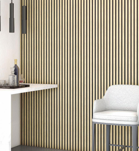 PANNEAU ACOUSTIQUE DECORATIF MURAL DES BRISES EN MDF PET FINITION CHENE CLAIR SUR FOND NOIR - DINACHOC - 520X18X2400mm - Panneaux Muraux - Over Parquet