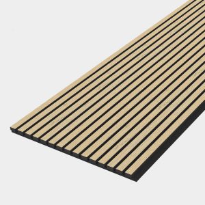 PANNEAU ACOUSTIQUE DECORATIF MURAL DE L'AUBE EN MDF PET FINITION CHENE GOLDEN SUR FOND NOIR - DINACHOC - 520X18X2400mm
