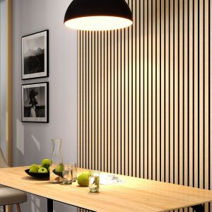 PANNEAU ACOUSTIQUE DECORATIF MURAL DE L'AUBE EN MDF PET FINITION CHENE GOLDEN SUR FOND NOIR - DINACHOC - 520X18X2400mm
